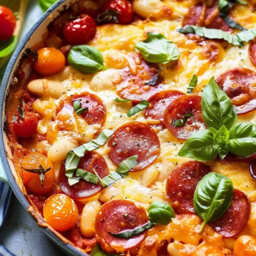 Burst Cherry Tomato & Pepperoni White Bean Bake