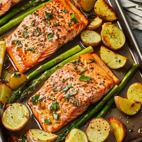 Garlic Butter–Roasted Salmon with Potatoes & Asparagus