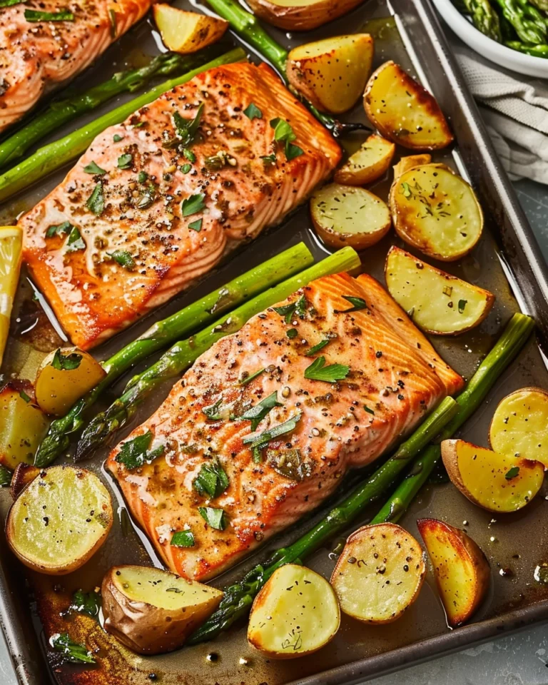 Garlic Butter–Roasted Salmon with Potatoes & Asparagus