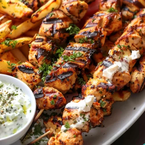 Chicken Tzatziki Skewers with Feta Fries