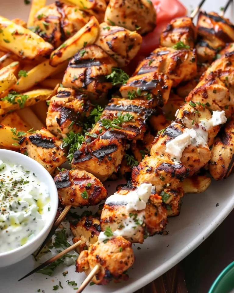 Chicken Tzatziki Skewers with Feta Fries