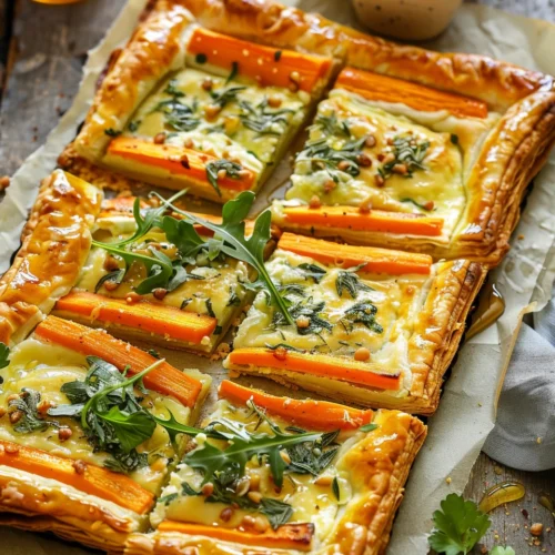 Roasted Carrot Puff Pastry Tart with Herbed Goat Cheese & Hot Honey