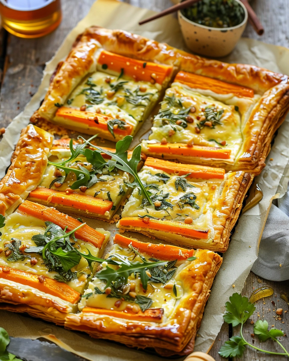 Roasted Carrot Puff Pastry Tart with Herbed Goat Cheese & Hot Honey