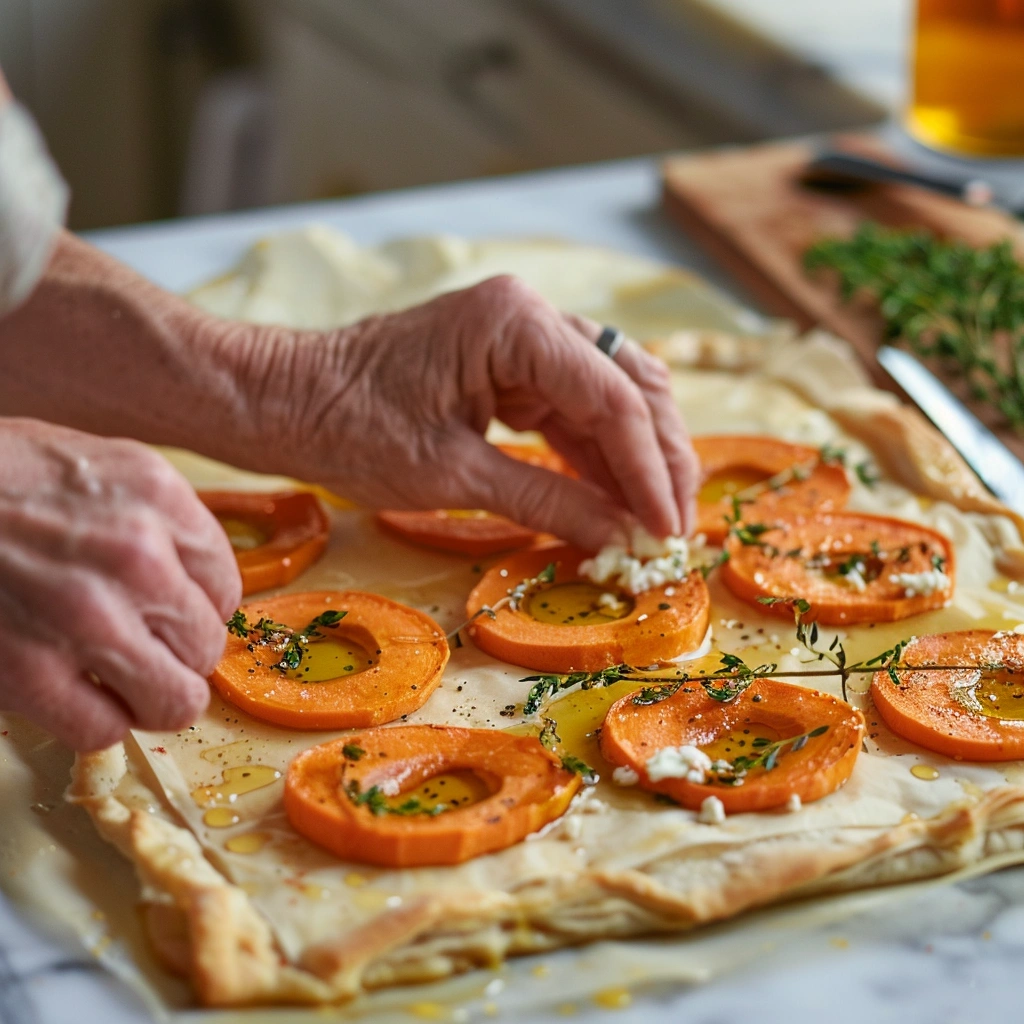 Roasted Carrot Puff Pastry Tart with Herbed Goat Cheese & Hot Honey