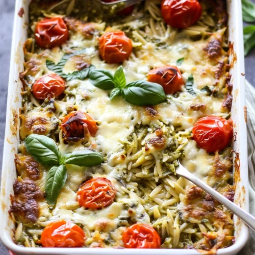 One Pan Caprese Pesto Orzo Bake
