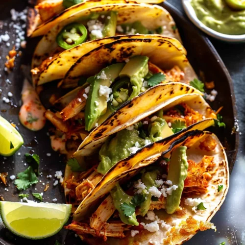 Crockpot Crispy Chicken Tinga Tacos with avocado jalapeño crema