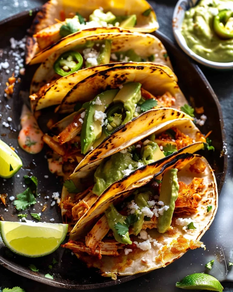 Crockpot Crispy Chicken Tinga Tacos with avocado jalapeño crema