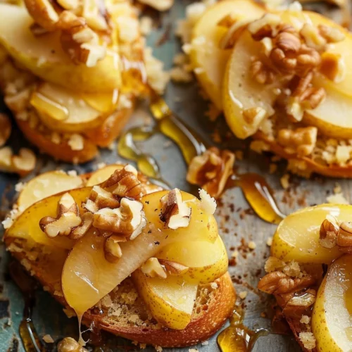 Parmesan Crusted Crostini with Pear, Walnuts & Hot Honey