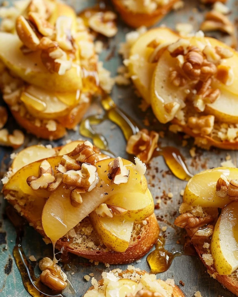 Parmesan Crusted Crostini with Pear, Walnuts & Hot Honey