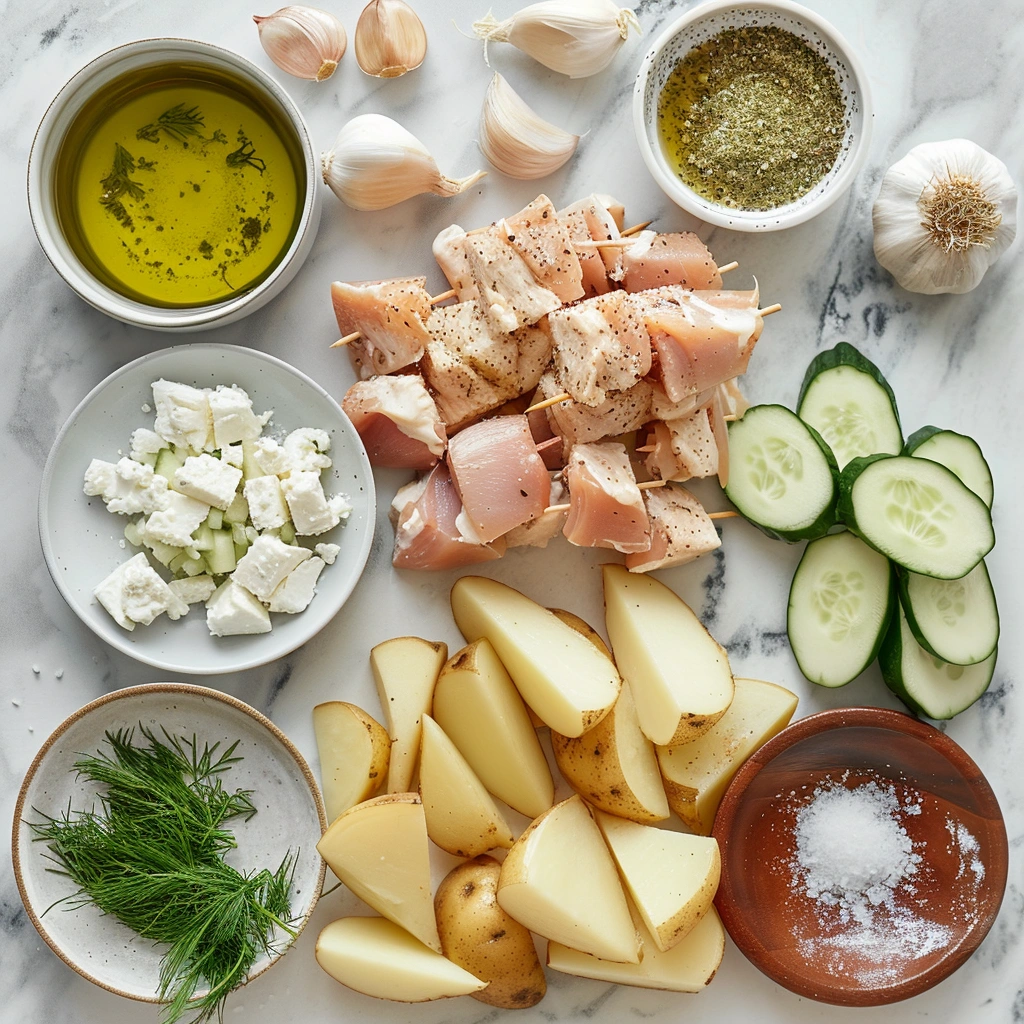 Chicken Tzatziki Skewers with Feta Fries