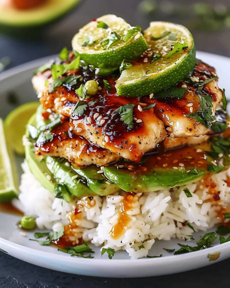 Gluten-Free Tangy Honey Lime Chicken & Avocado Rice Stack