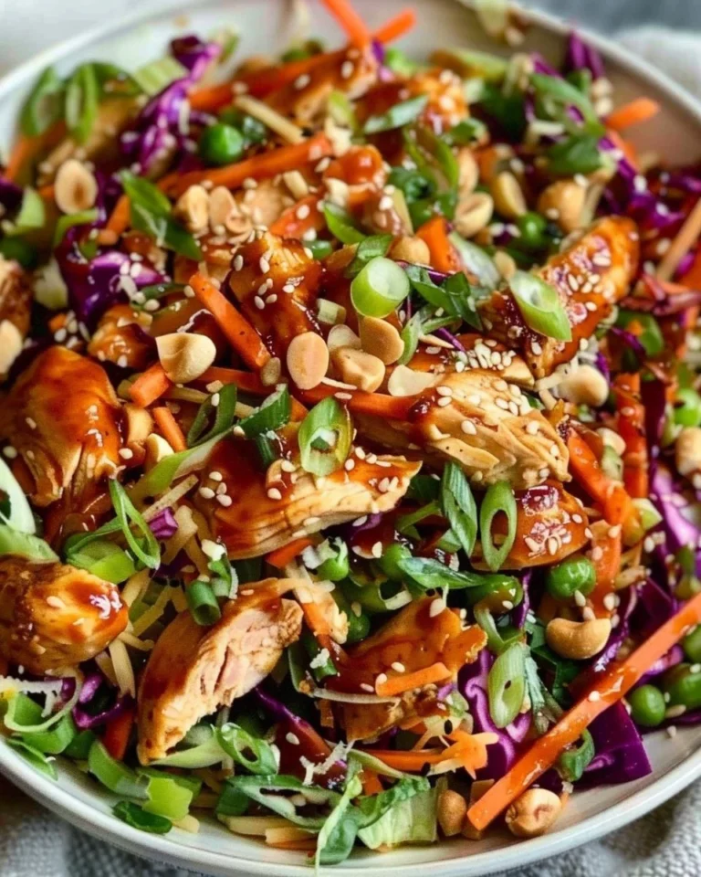 Bowl of Asian Chicken Crunch Salad with colorful vegetables and protein.