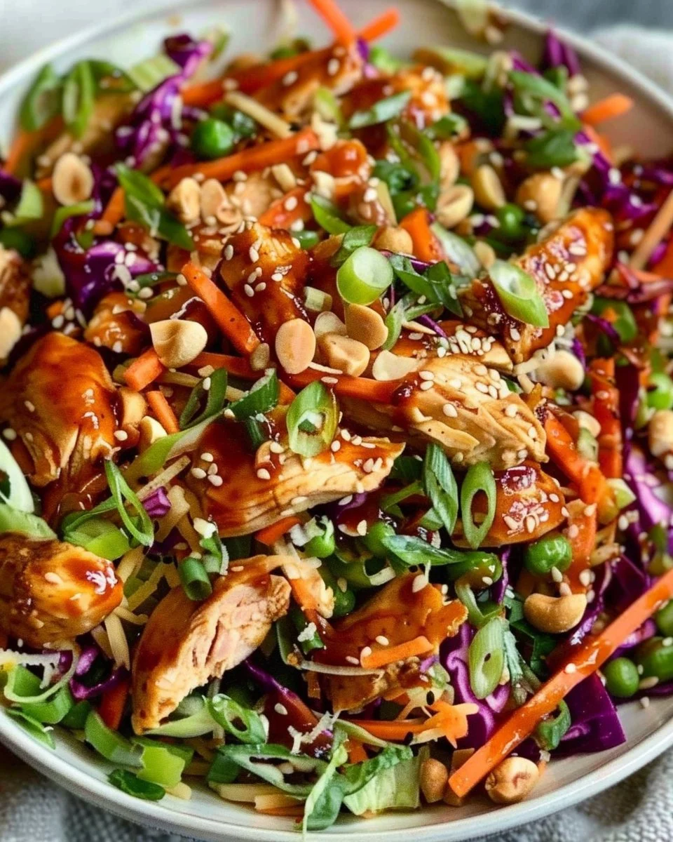 Bowl of Asian Chicken Crunch Salad with colorful vegetables and protein.