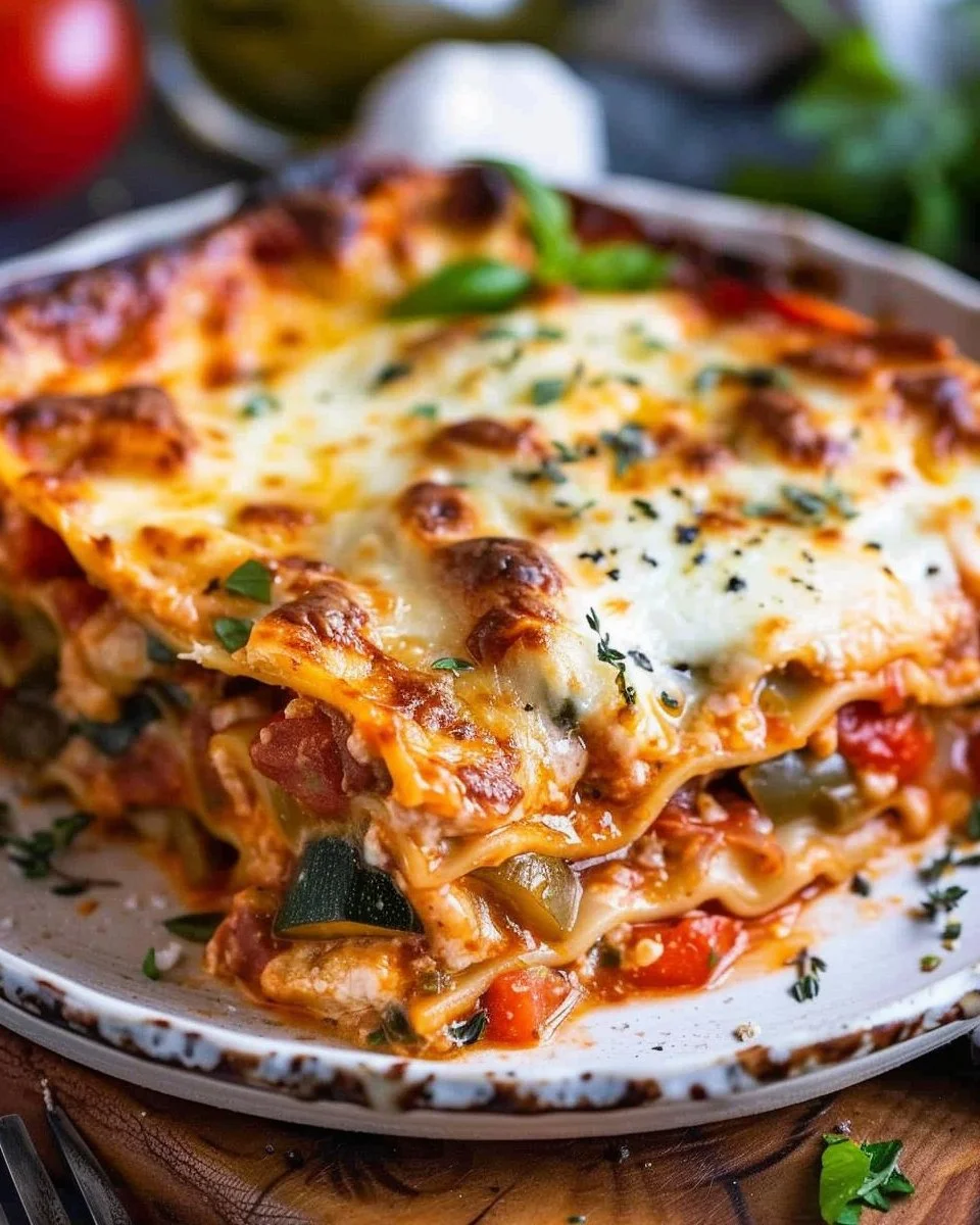 Delicious vegetable lasagna layered with fresh vegetables and cheese