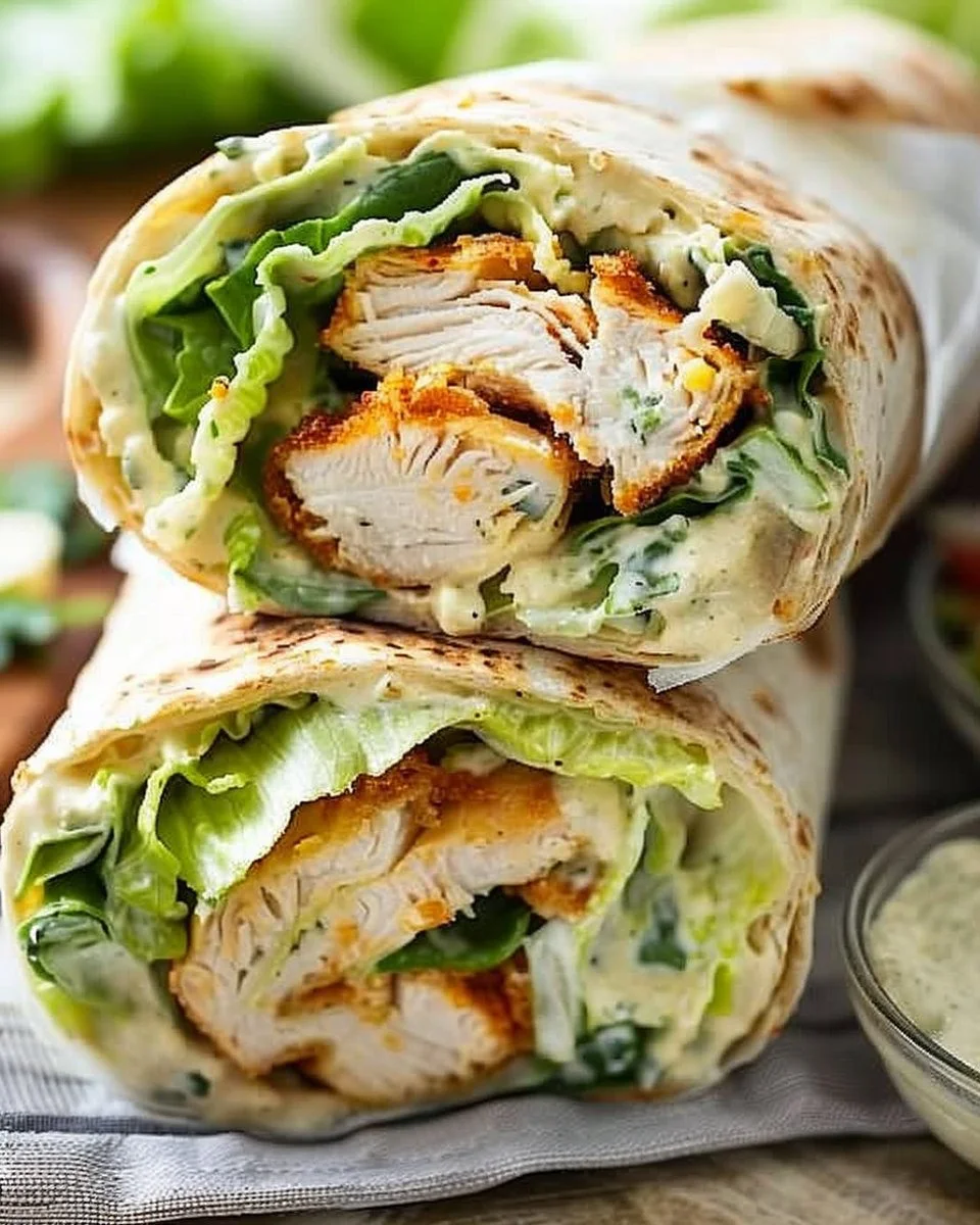 Homemade Chicken Caesar Wrap with romaine, grilled chicken, and Caesar dressing
