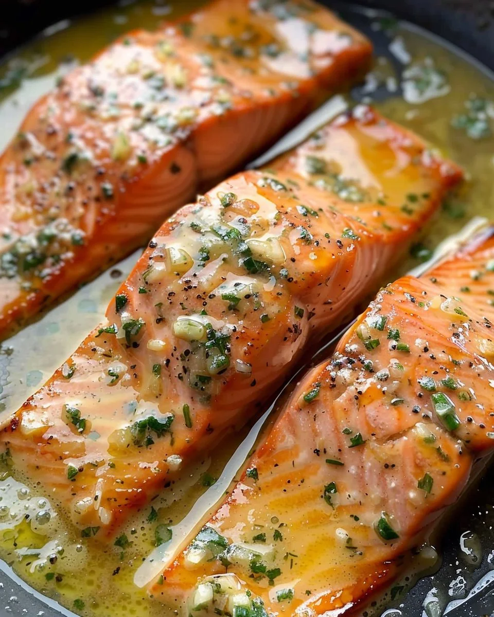 Delicious garlic butter salmon fillet garnished with herbs on a plate