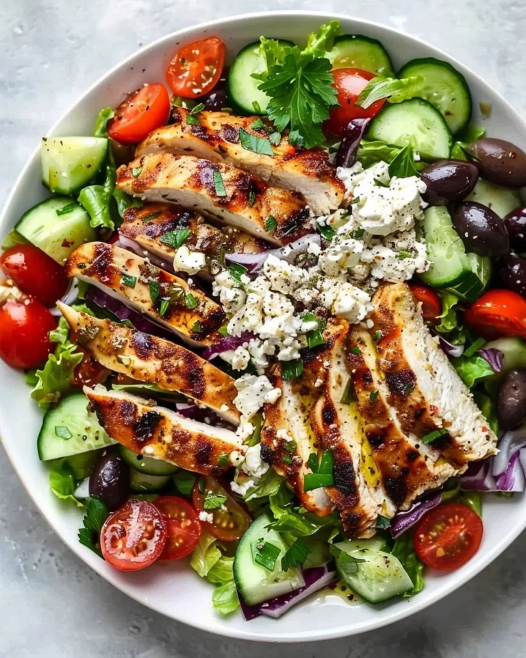 Fresh Healthy Greek Chicken Salad with vegetables and feta cheese on a plate.