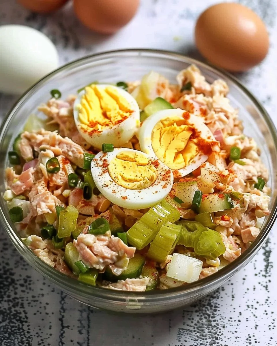 Healthy tuna egg salad in a bowl, garnished with herbs