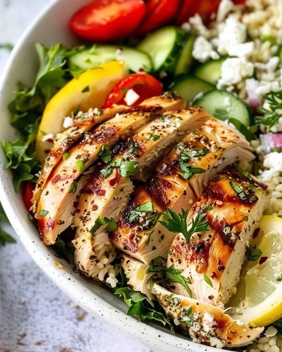 Delicious Lemon Herb Greek Chicken Bowls with fresh vegetables and spices