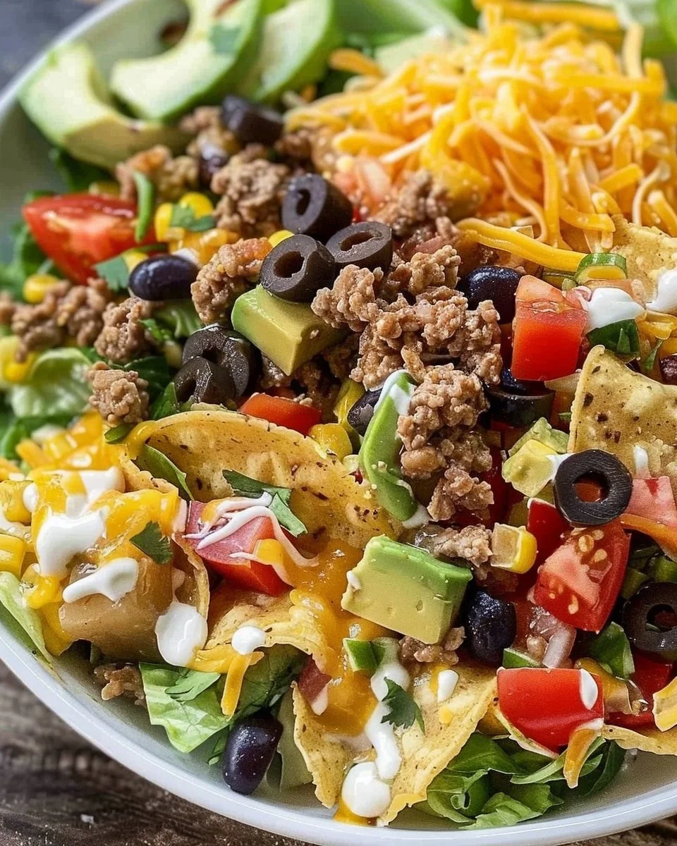 Low-carb taco salad bowl with fresh vegetables and toppings.