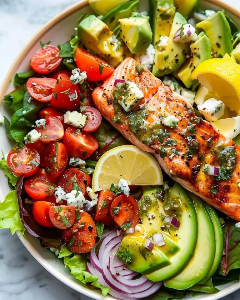 Mediterranean avocado salmon salad with lemon herb dressing served in a bowl