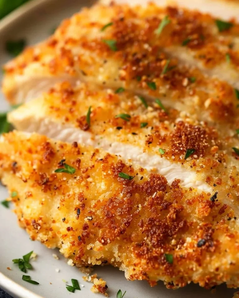 Juicy Parmesan Crusted Chicken served with a garnish of herbs and lemon.