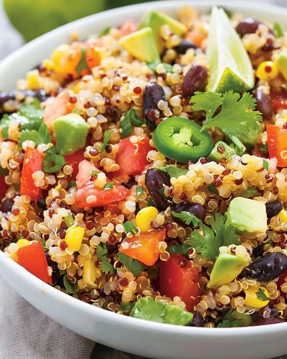Colorful Southwest quinoa salad with black beans, corn, and fresh vegetables.