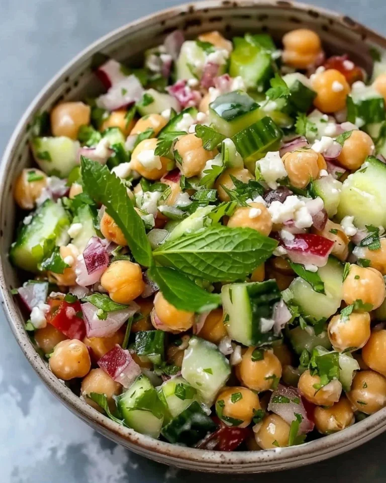A vibrant Summer Chickpea Salad with fresh vegetables and chickpeas.