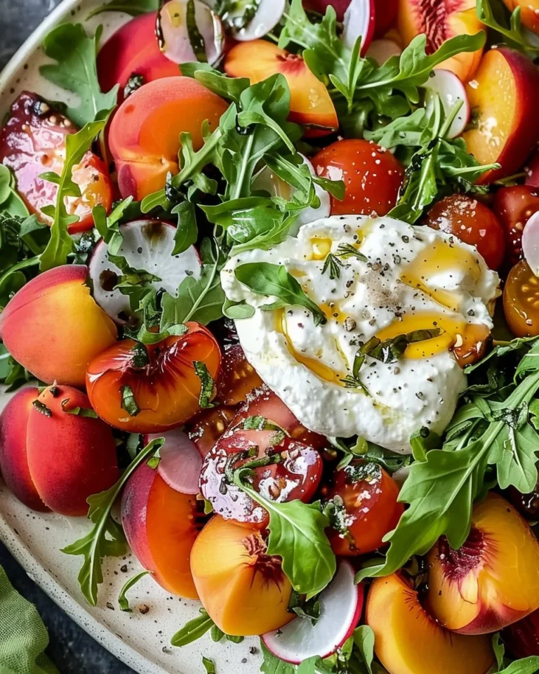 Summer Peach Burrata Salad with fresh peaches and creamy burrata cheese