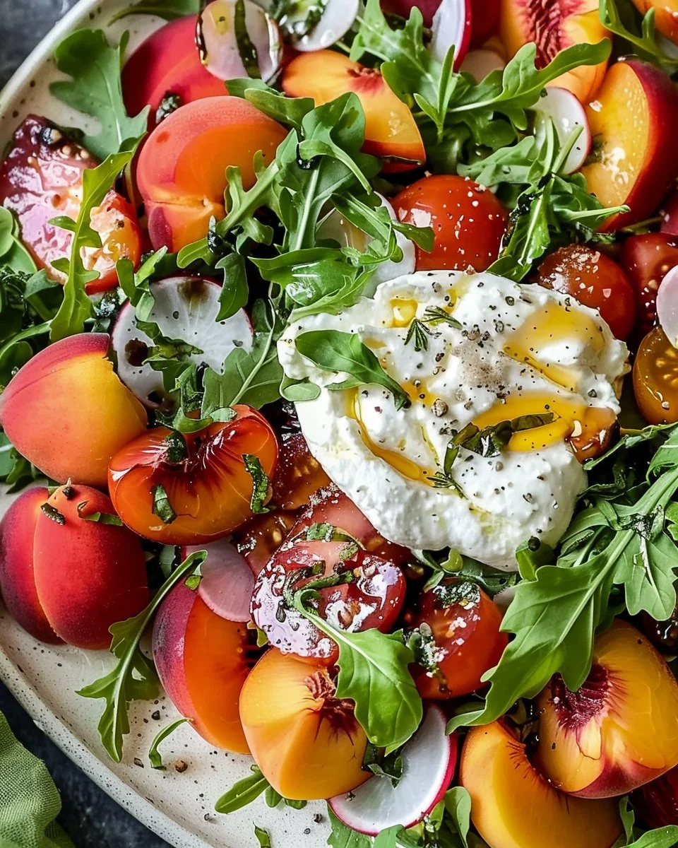 Summer Peach Burrata Salad with fresh peaches and creamy burrata cheese