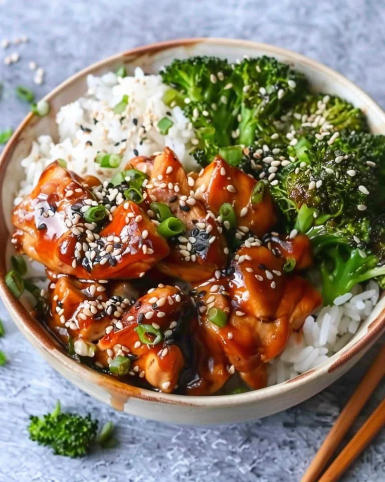 Delicious teriyaki chicken rice bowl topped with fresh vegetables