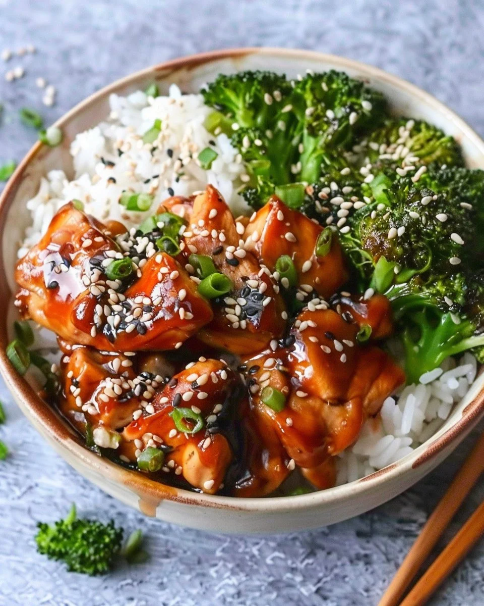 Delicious teriyaki chicken rice bowl topped with fresh vegetables