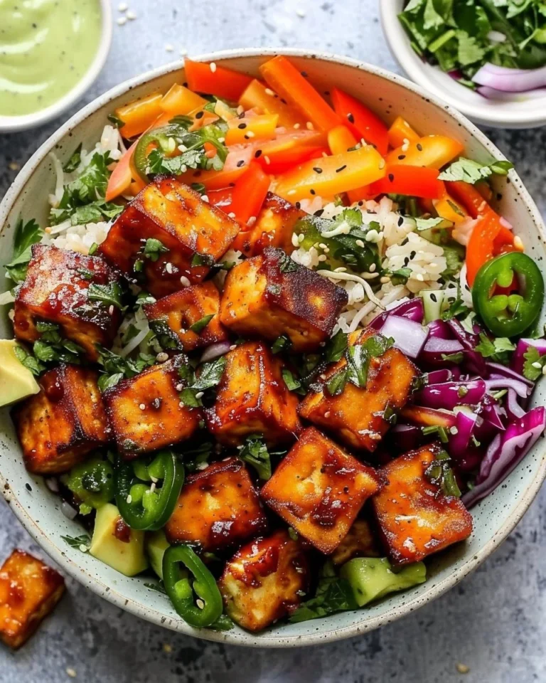 Vegan sheet pan BBQ tofu bowls topped with jalapeño ranch dressing