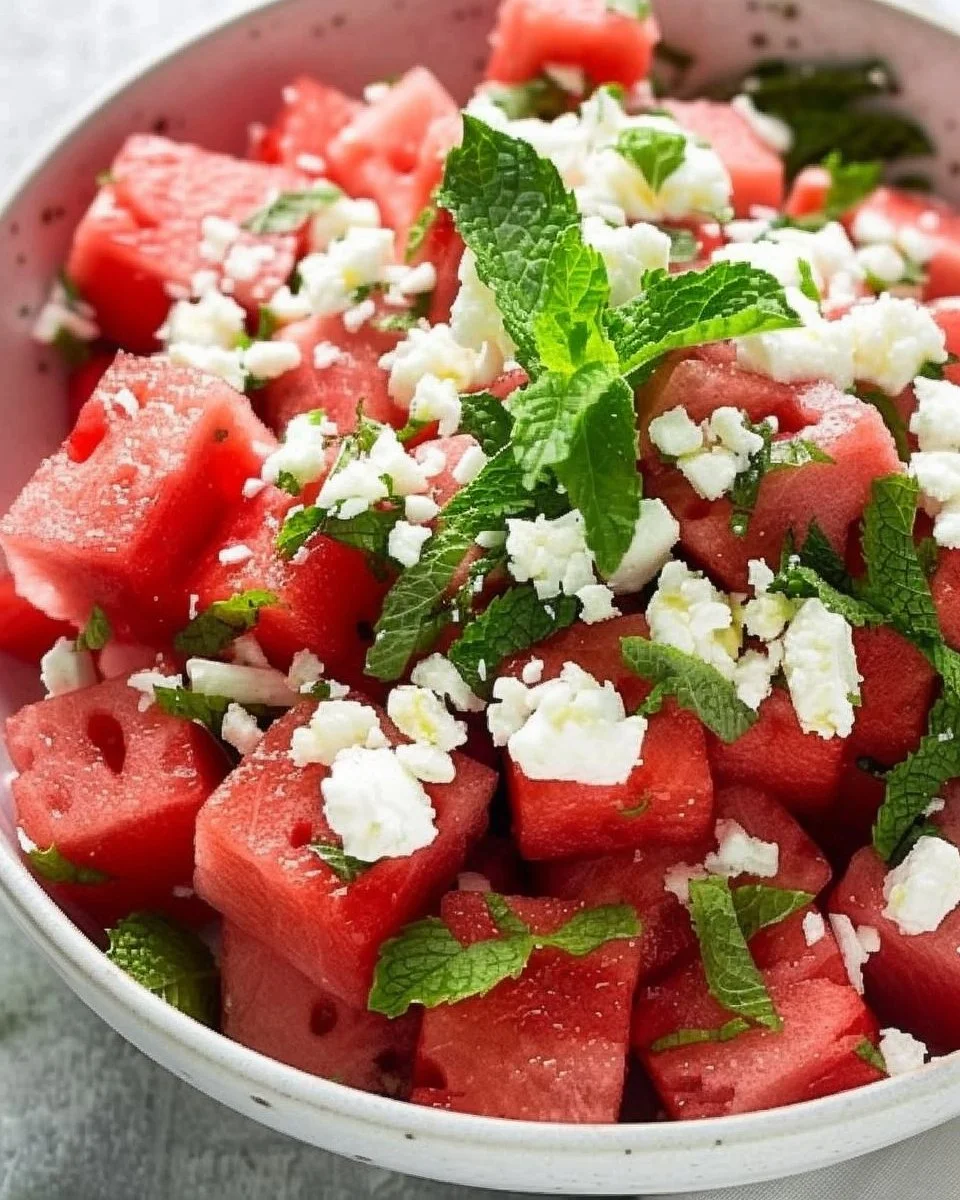 Fresh watermelon feta mint salad served in a bowl