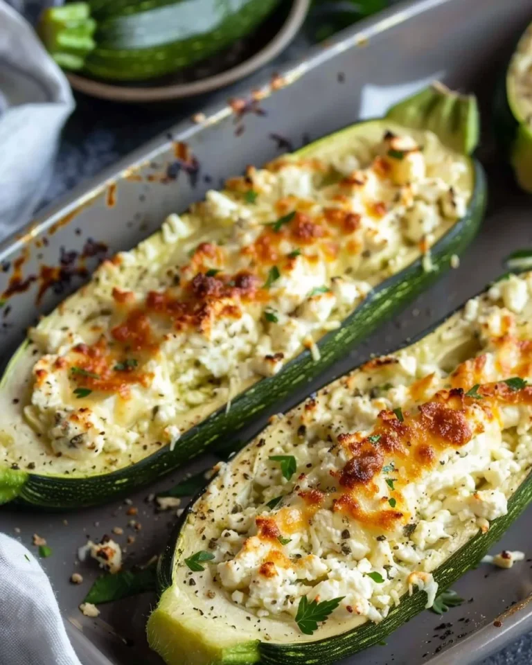 Zucchini stuffed with feta cheese, fresh herbs, and spices, served on a plate