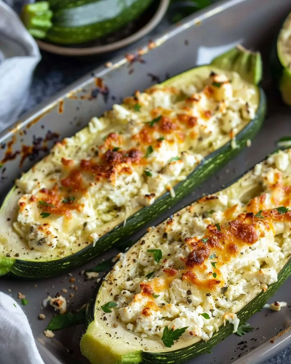 Zucchini stuffed with feta cheese, fresh herbs, and spices, served on a plate