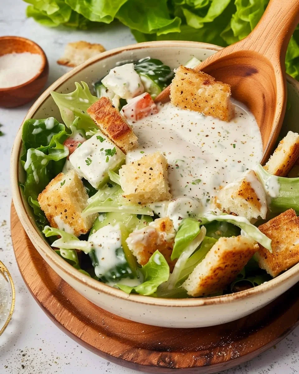 Delicious high-protein Caesar dressing in a bowl with fresh ingredients.