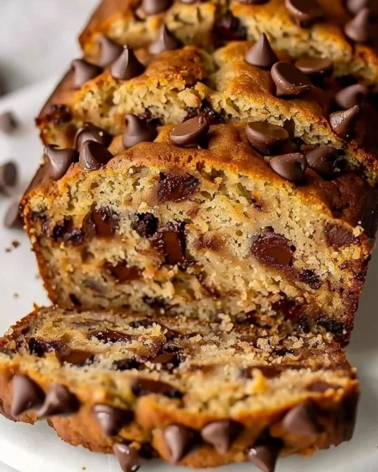 Chocolate chip banana bread slice on a white plate
