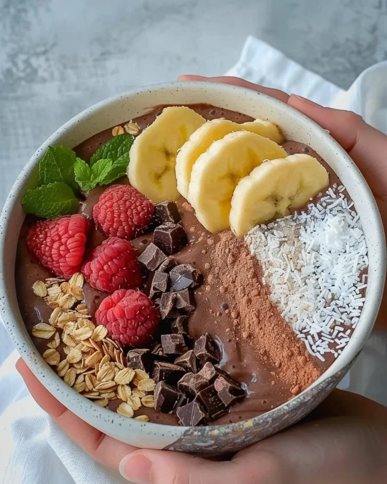 Delicious Chocolate Protein Smoothie Bowl topped with fruits and nuts