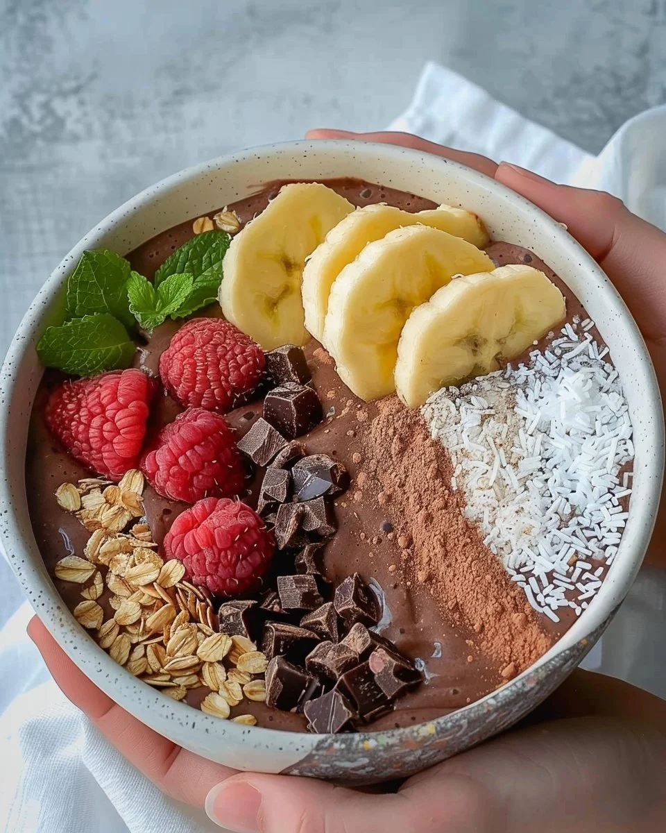 Delicious Chocolate Protein Smoothie Bowl topped with fruits and nuts