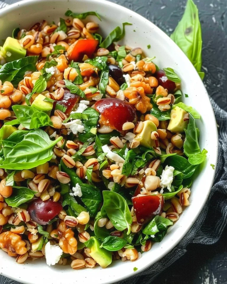 Healthy and colorful Farro Salad with fresh veggies and dressing