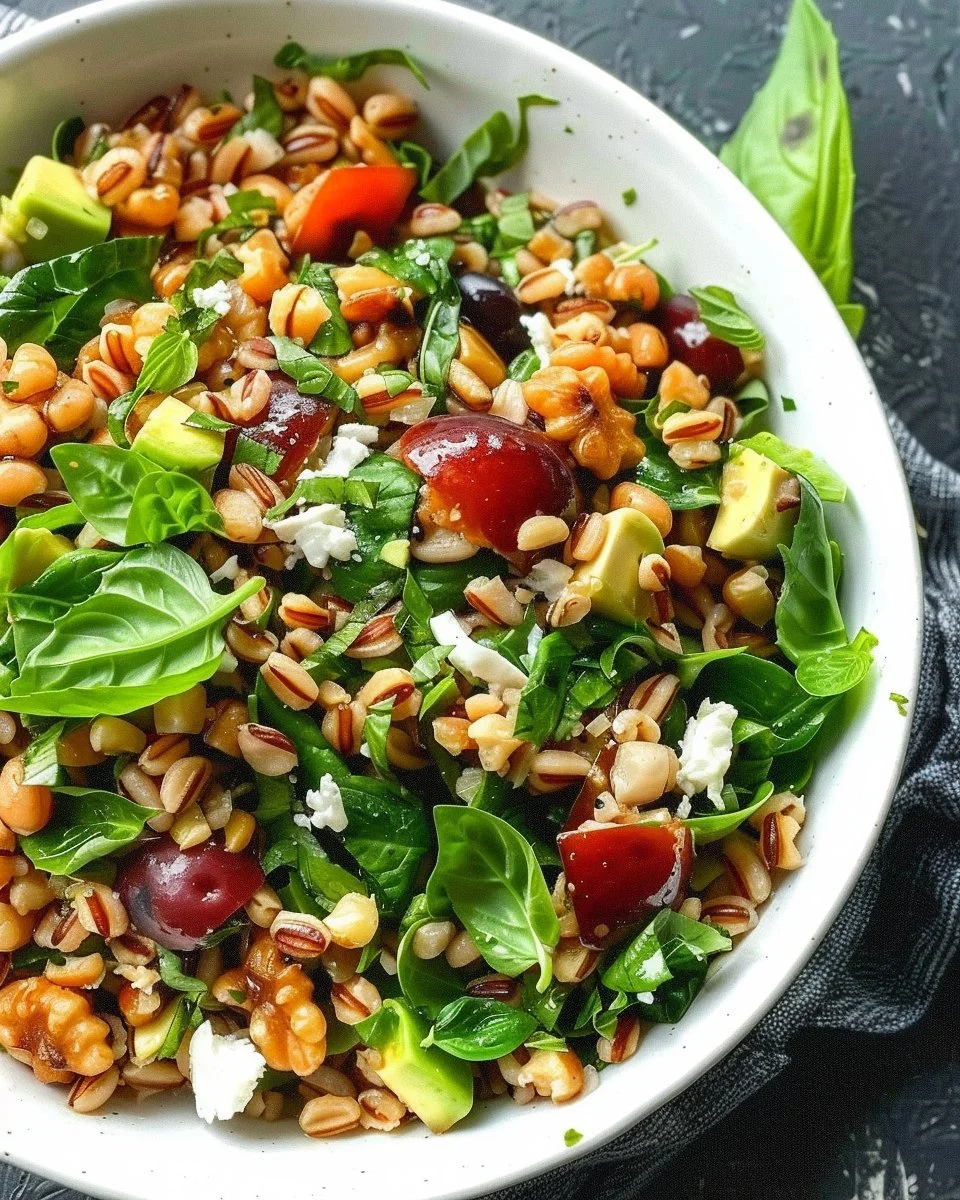 Healthy and colorful Farro Salad with fresh veggies and dressing