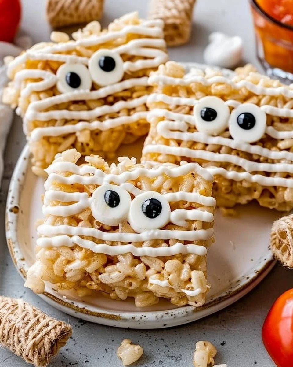 Festively decorated Holiday Mummy Rice Krispie Treats for Halloween