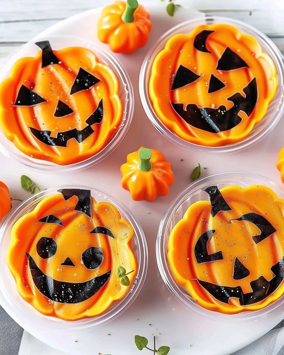 Colorful Jack-o-Lantern Fruit Cups arranged for Halloween snack