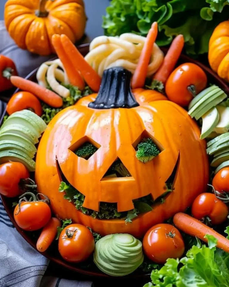 Colorful Jack-O-Lantern Veggie Tray with fresh vegetables in Halloween theme