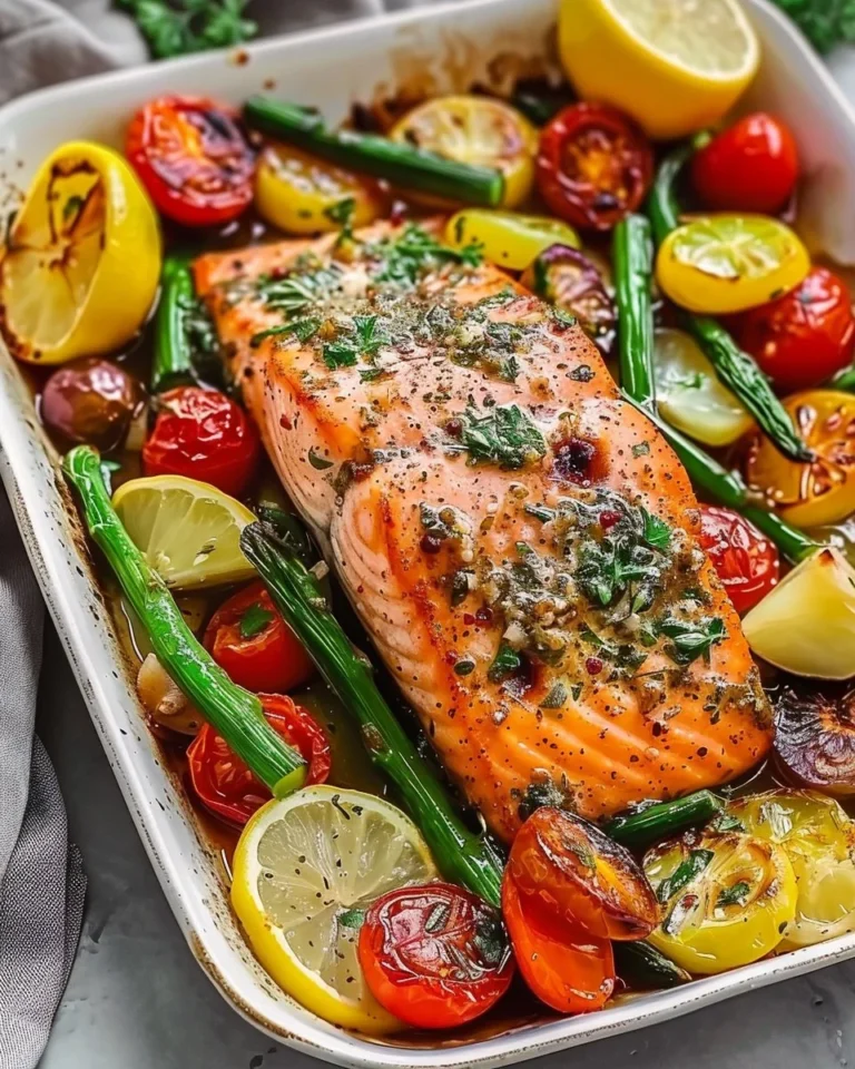 One-pan garlic herb salmon with colorful veggies on a baking sheet.