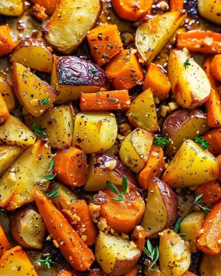 Oven roasted carrots and potatoes freshly cooked on a plate