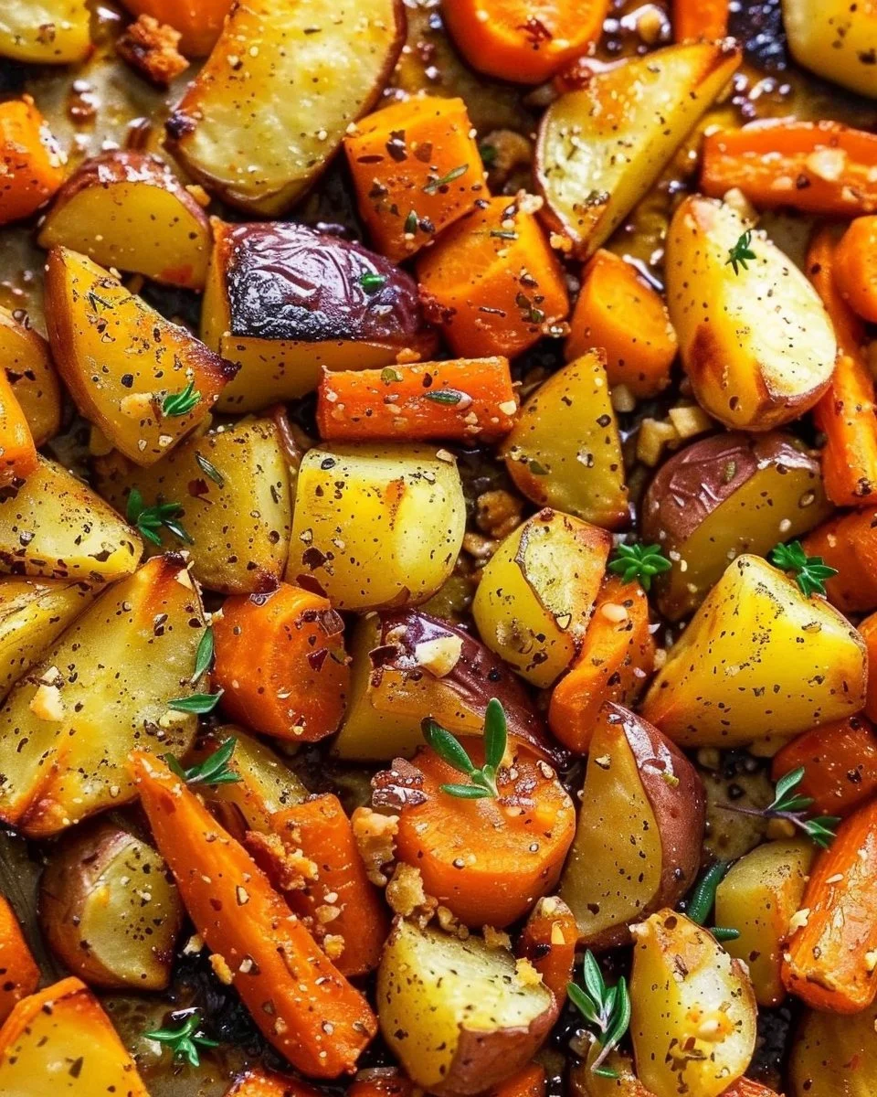 Oven roasted carrots and potatoes freshly cooked on a plate