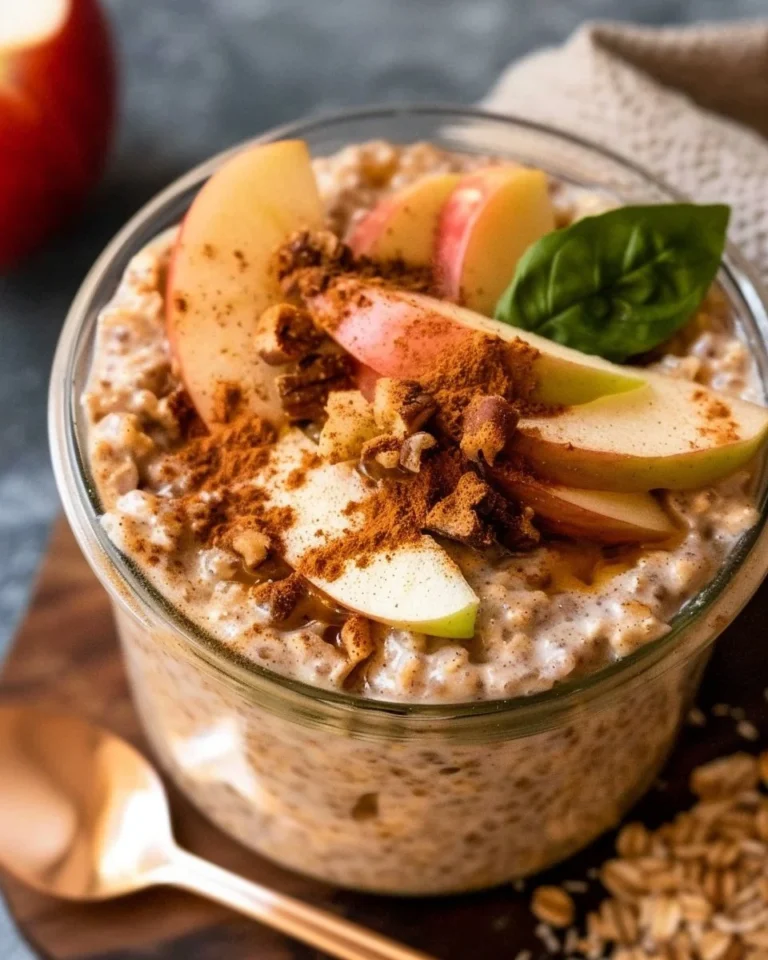 Bowl of Apple Cinnamon Overnight Oats topped with fresh apple slices and cinnamon