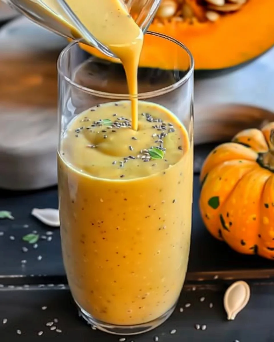 Creamy pumpkin smoothie topped with spices and served in a glass